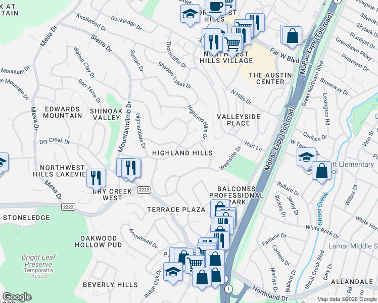 map of restaurants, bars, coffee shops, grocery stores, and more near 3519 Highland View Drive in Austin
