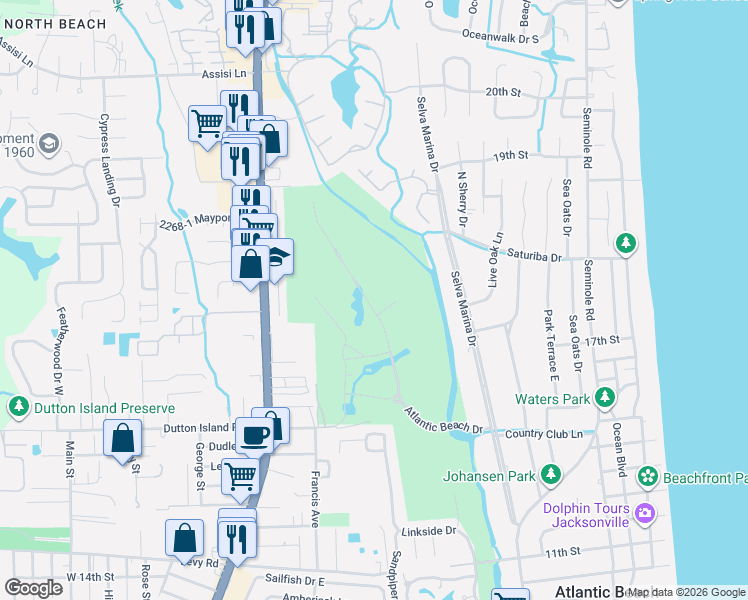map of restaurants, bars, coffee shops, grocery stores, and more near 534 Atlantic Beach Court in Jacksonville