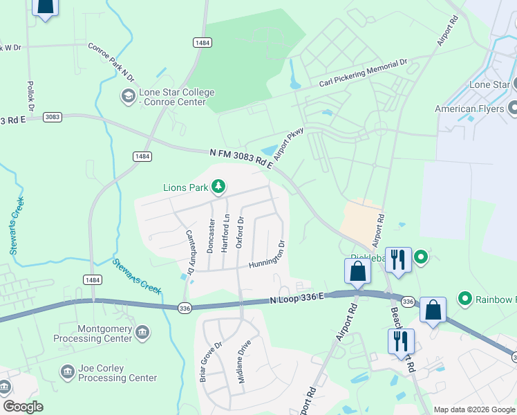 map of restaurants, bars, coffee shops, grocery stores, and more near 305 Bedford Lane in Conroe