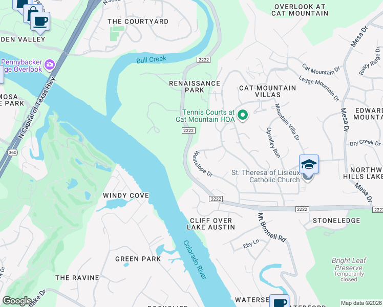 map of restaurants, bars, coffee shops, grocery stores, and more near 5834 Westslope Drive in Austin