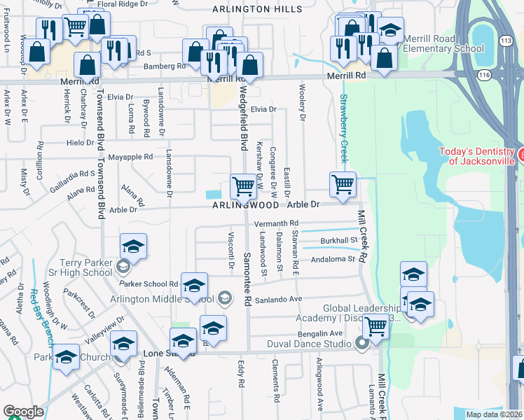 map of restaurants, bars, coffee shops, grocery stores, and more near 7770 Arble Drive in Jacksonville