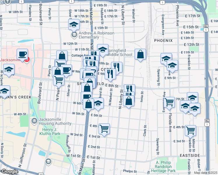 map of restaurants, bars, coffee shops, grocery stores, and more near 150 East 8th Street in Jacksonville