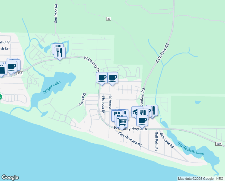 map of restaurants, bars, coffee shops, grocery stores, and more near 104 Village Boulevard in Santa Rosa Beach