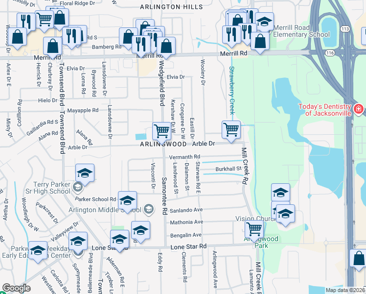 map of restaurants, bars, coffee shops, grocery stores, and more near 7770 Arble Drive in Jacksonville
