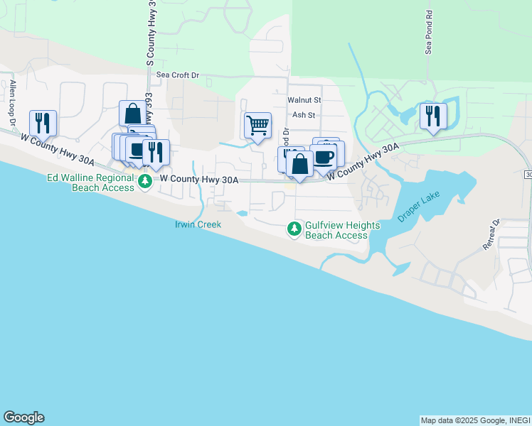map of restaurants, bars, coffee shops, grocery stores, and more near 52 Vail Lane in Santa Rosa Beach