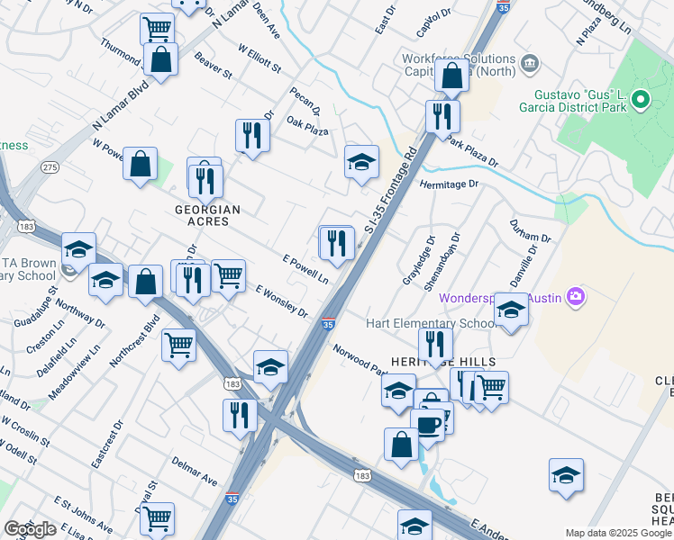 map of restaurants, bars, coffee shops, grocery stores, and more near 8214 North Interstate Highway 35 in Austin