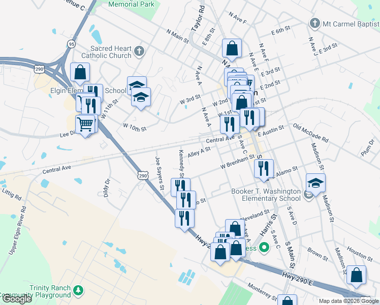 map of restaurants, bars, coffee shops, grocery stores, and more near 604 Alley A Street in Elgin