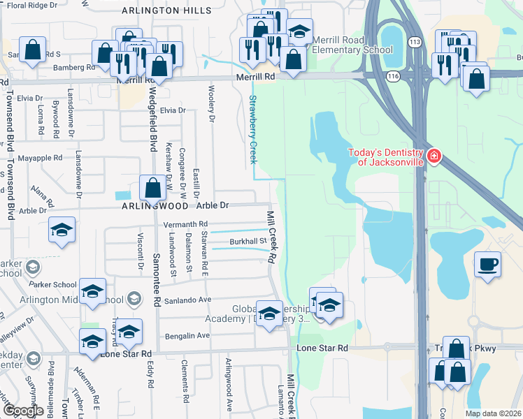 map of restaurants, bars, coffee shops, grocery stores, and more near 8715 Vermanth Road in Jacksonville