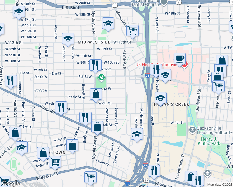 map of restaurants, bars, coffee shops, grocery stores, and more near 1112 Steele Court in Jacksonville