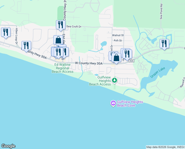 map of restaurants, bars, coffee shops, grocery stores, and more near 151 Gulf Dunes Lane in Santa Rosa Beach