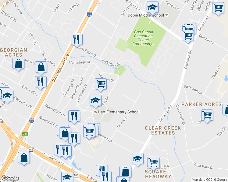 map of restaurants, bars, coffee shops, grocery stores, and more near 8500 Furness Drive in Austin