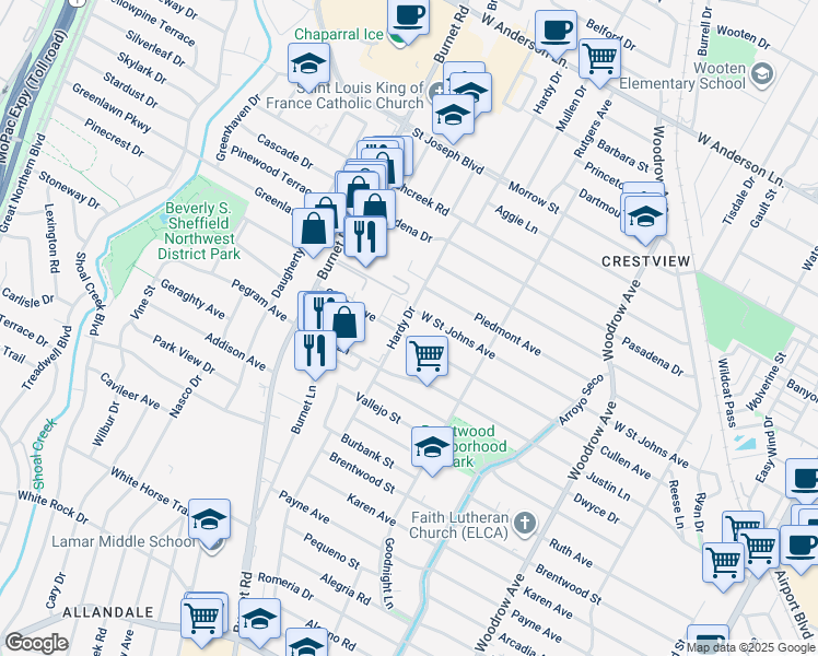 map of restaurants, bars, coffee shops, grocery stores, and more near 1908 Cullen Avenue in Austin