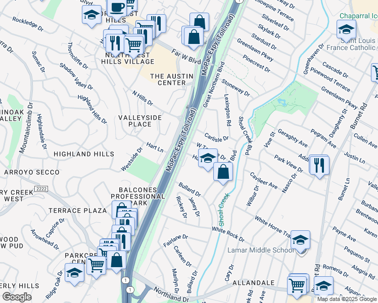 map of restaurants, bars, coffee shops, grocery stores, and more near 2 Hunt Trail in Austin