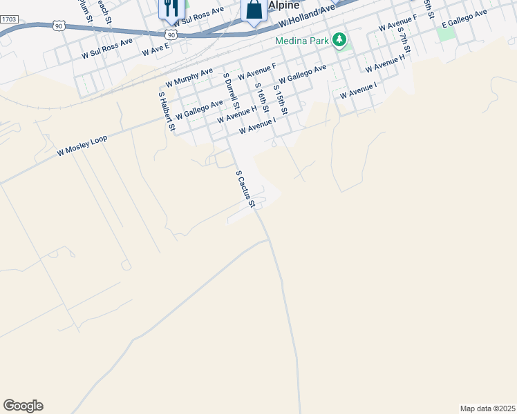map of restaurants, bars, coffee shops, grocery stores, and more near 710 South Cactus Street in Alpine