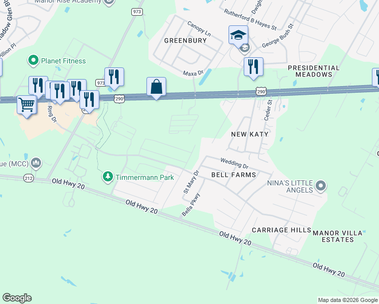 map of restaurants, bars, coffee shops, grocery stores, and more near 12836 Saint Mary Drive in Manor
