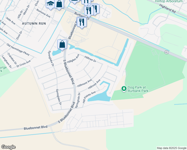 map of restaurants, bars, coffee shops, grocery stores, and more near 10701 Hillmont Avenue in Baton Rouge