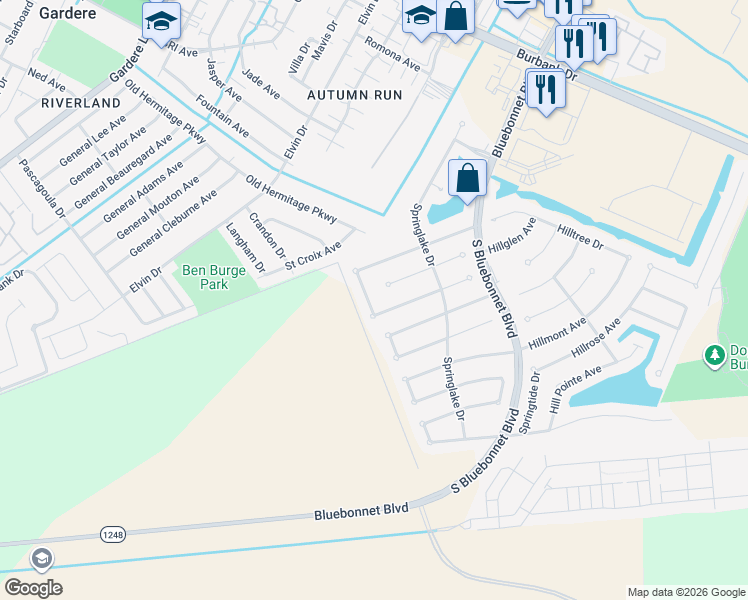map of restaurants, bars, coffee shops, grocery stores, and more near 10632 Springglen Court in Baton Rouge