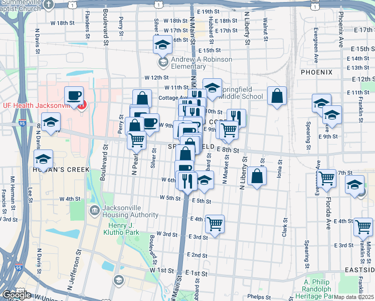 map of restaurants, bars, coffee shops, grocery stores, and more near in Jacksonville