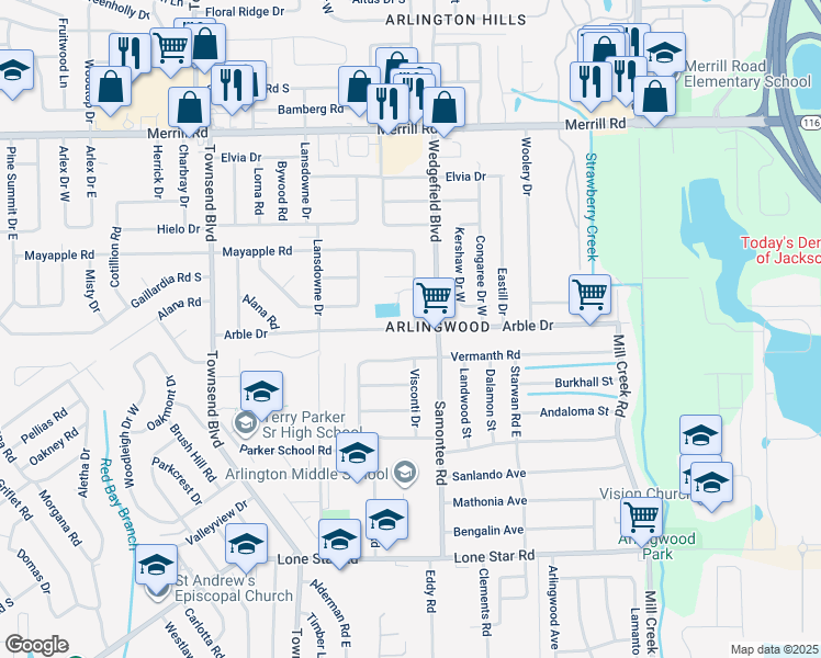map of restaurants, bars, coffee shops, grocery stores, and more near 7636 Arble Drive in Jacksonville