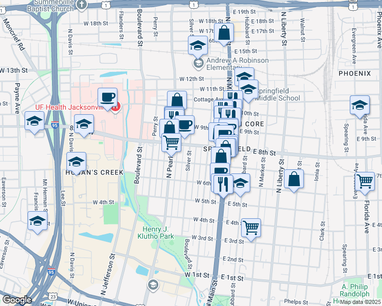 map of restaurants, bars, coffee shops, grocery stores, and more near 153 7th Street West in Jacksonville