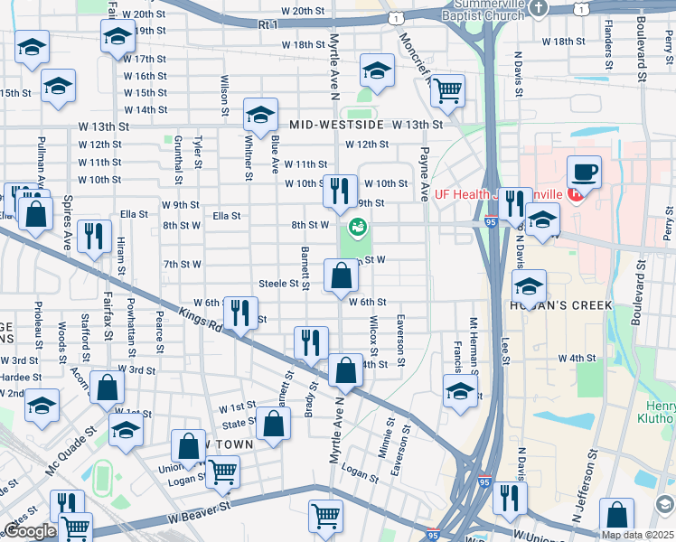 map of restaurants, bars, coffee shops, grocery stores, and more near 1260 7th Street West in Jacksonville
