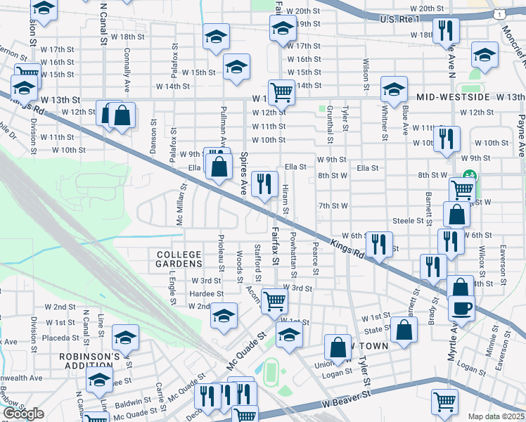 map of restaurants, bars, coffee shops, grocery stores, and more near 1834 Kings Road in Jacksonville
