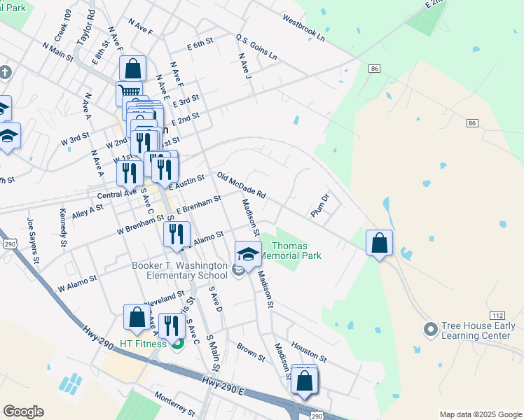map of restaurants, bars, coffee shops, grocery stores, and more near 126 East Alamo Street in Elgin