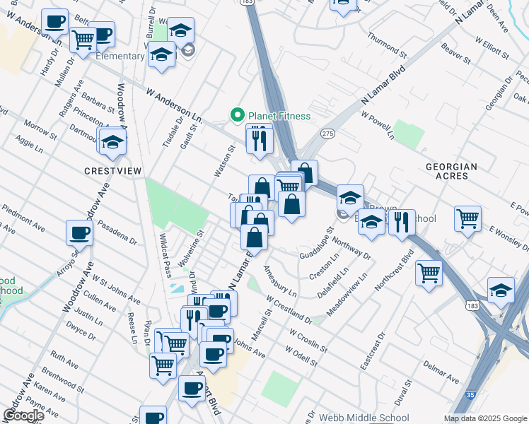 map of restaurants, bars, coffee shops, grocery stores, and more near 7614 North Lamar Boulevard in Austin