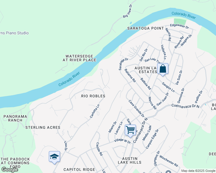 map of restaurants, bars, coffee shops, grocery stores, and more near 10104 Vista Del Sol Street in Austin