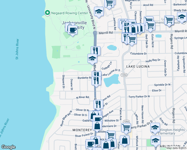 map of restaurants, bars, coffee shops, grocery stores, and more near 2260 University Boulevard North in Jacksonville