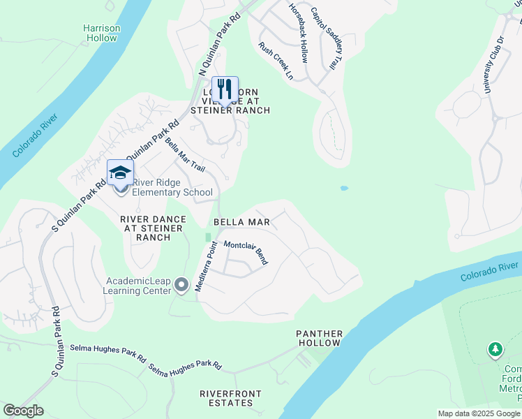 map of restaurants, bars, coffee shops, grocery stores, and more near 12325 Labrador Bay Court in Austin