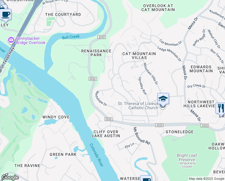 map of restaurants, bars, coffee shops, grocery stores, and more near 4701 Lookout Mountain Cove in Austin