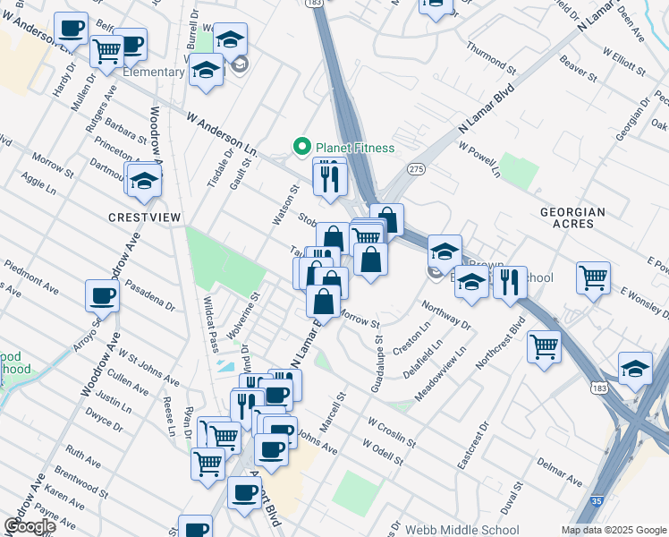 map of restaurants, bars, coffee shops, grocery stores, and more near 7614 North Lamar Boulevard in Austin