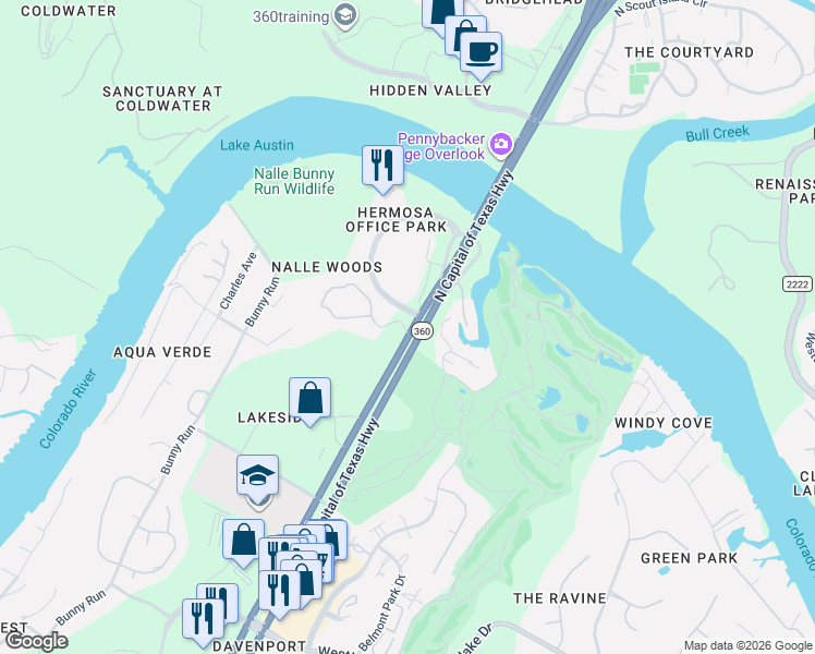 map of restaurants, bars, coffee shops, grocery stores, and more near 4408 Long Champ Drive in Austin