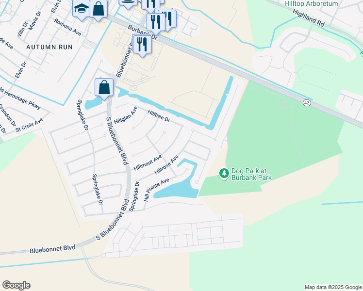 map of restaurants, bars, coffee shops, grocery stores, and more near 10819 Hillrose Avenue in Baton Rouge