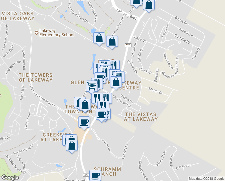 map of restaurants, bars, coffee shops, grocery stores, and more near 1784 Ranch Road 620 South in Lakeway
