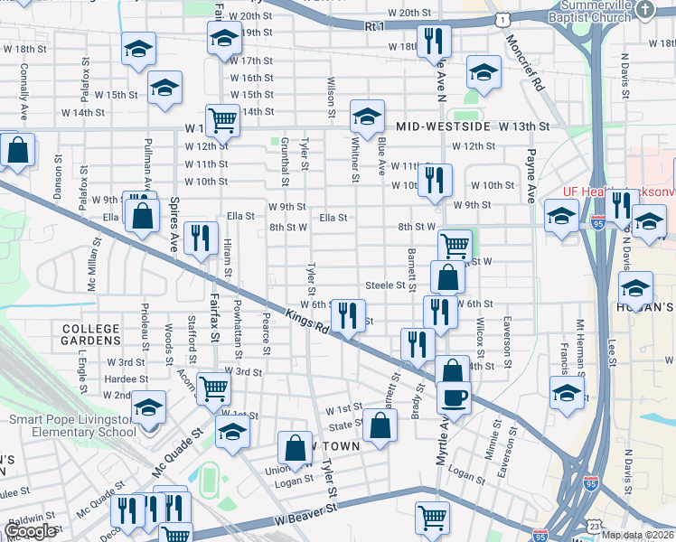 map of restaurants, bars, coffee shops, grocery stores, and more near 1555 Steele Street in Jacksonville