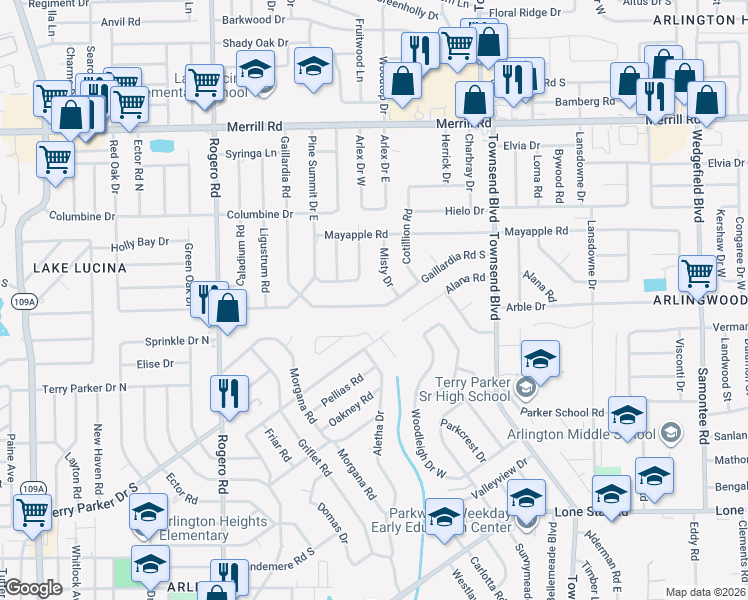 map of restaurants, bars, coffee shops, grocery stores, and more near 6904 Gaillardia Road South in Jacksonville