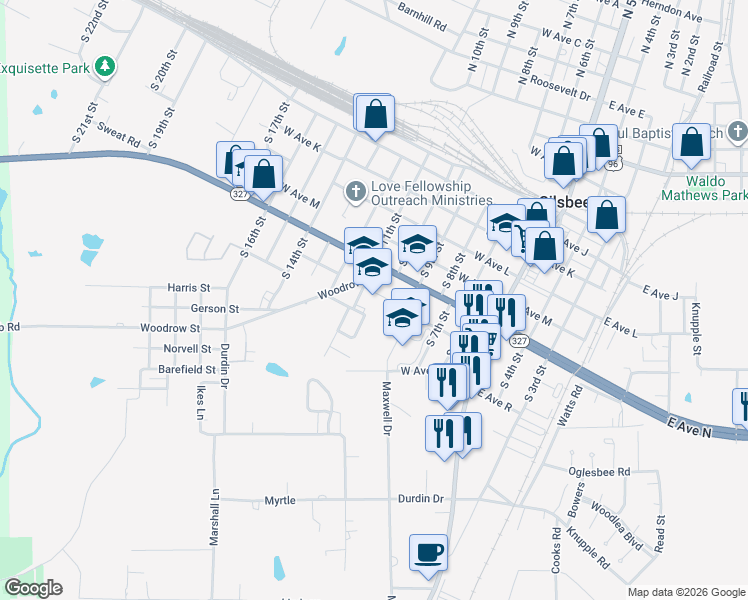 map of restaurants, bars, coffee shops, grocery stores, and more near 695 Woodrow Street in Silsbee