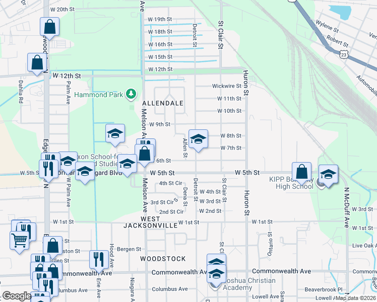map of restaurants, bars, coffee shops, grocery stores, and more near 1604 Detroit Street in Jacksonville