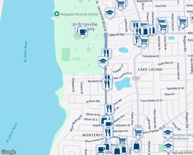 map of restaurants, bars, coffee shops, grocery stores, and more near 5457 Burdette Road in Jacksonville