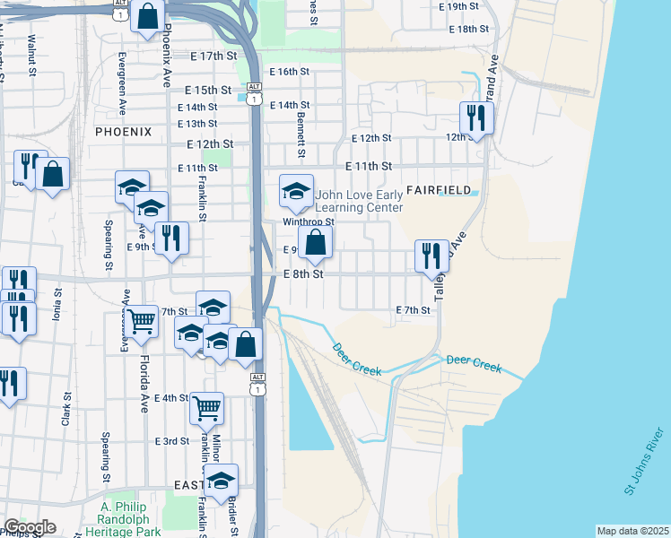 map of restaurants, bars, coffee shops, grocery stores, and more near 1746 Lambert Street in Jacksonville