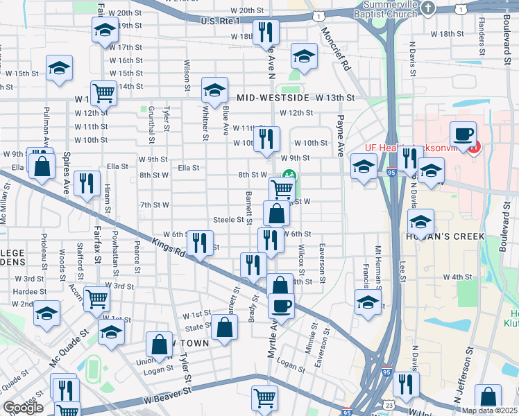 map of restaurants, bars, coffee shops, grocery stores, and more near 1327 Steele Street in Jacksonville