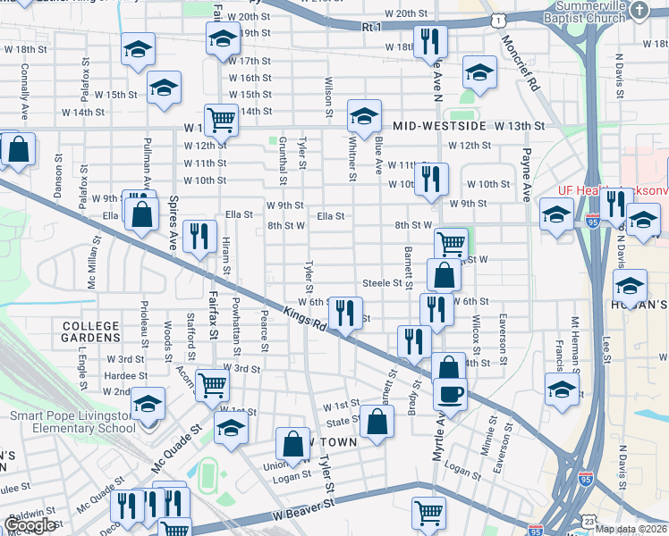 map of restaurants, bars, coffee shops, grocery stores, and more near 1555 Steele Street in Jacksonville