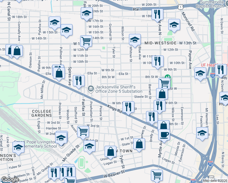 map of restaurants, bars, coffee shops, grocery stores, and more near 1617 Steele Street in Jacksonville