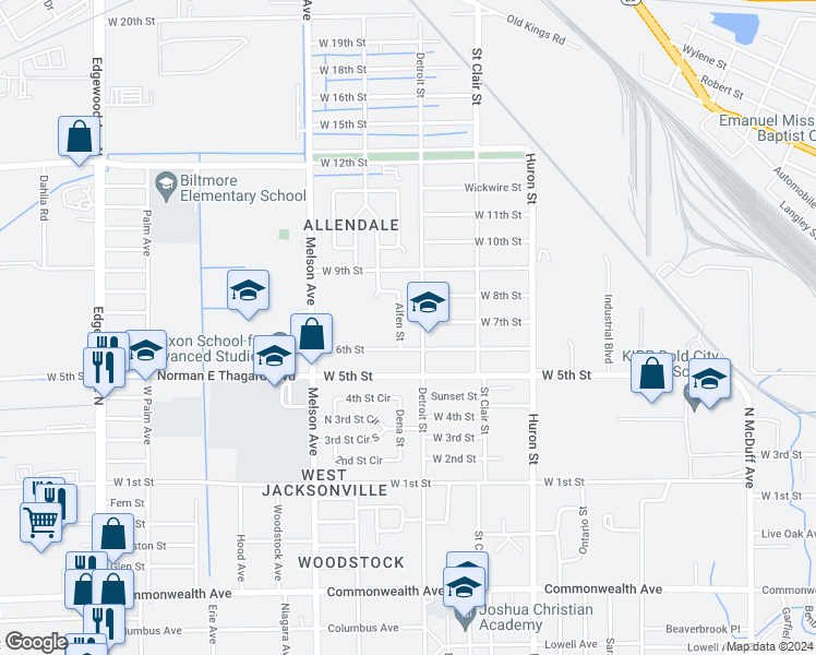 map of restaurants, bars, coffee shops, grocery stores, and more near 1604 Detroit Street in Jacksonville