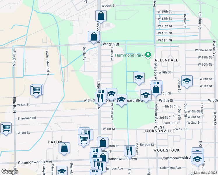 map of restaurants, bars, coffee shops, grocery stores, and more near 3500 Westwood Street in Jacksonville