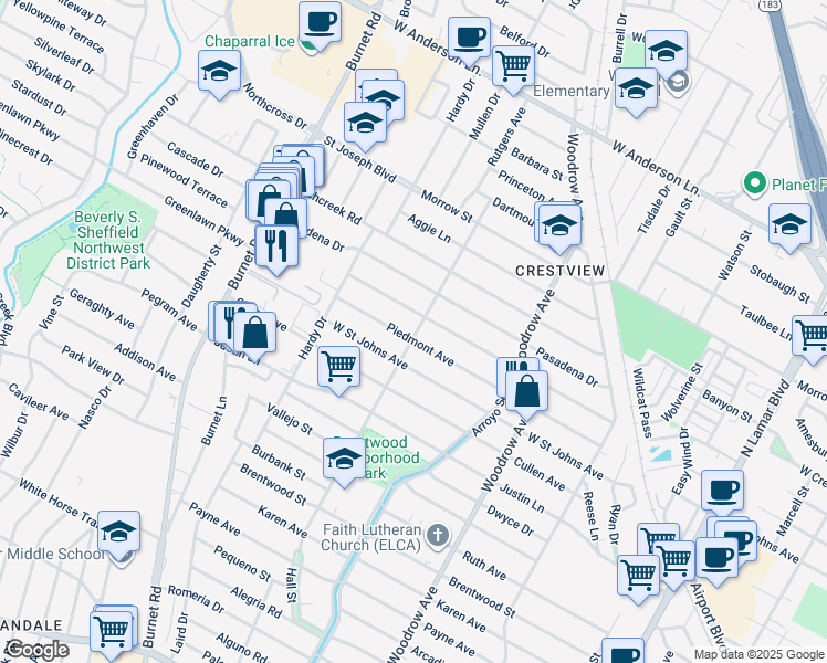 map of restaurants, bars, coffee shops, grocery stores, and more near 1719 Piedmont Avenue in Austin