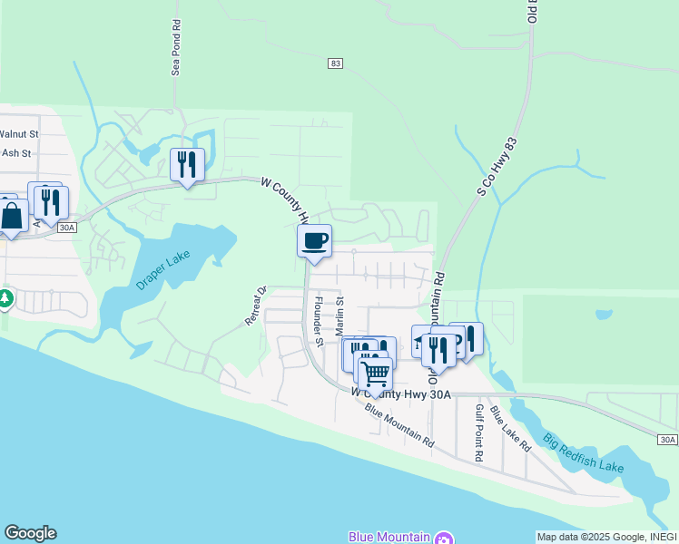 map of restaurants, bars, coffee shops, grocery stores, and more near 87 Village Boulevard in Santa Rosa Beach