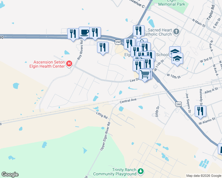 map of restaurants, bars, coffee shops, grocery stores, and more near 303 Insider Loop in Elgin